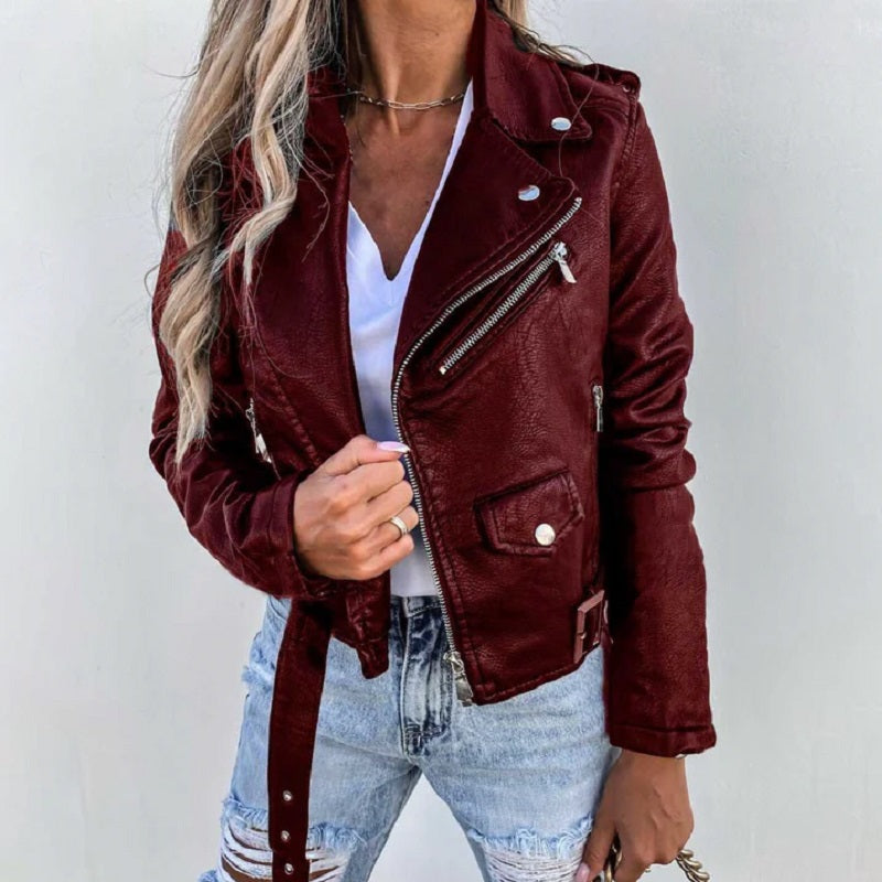 Paulina | Damska kurtka skórzana biker z kołnierzem
