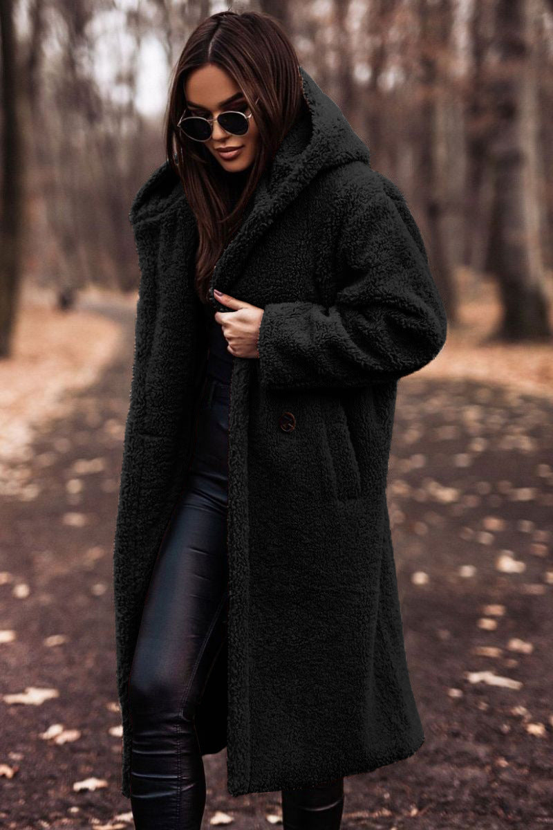 Karolina | Damska kurtka teddy z kapturem długa