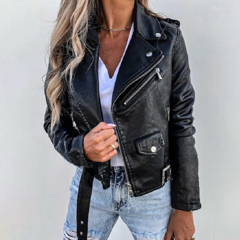 Paulina | Damska kurtka skórzana biker z kołnierzem