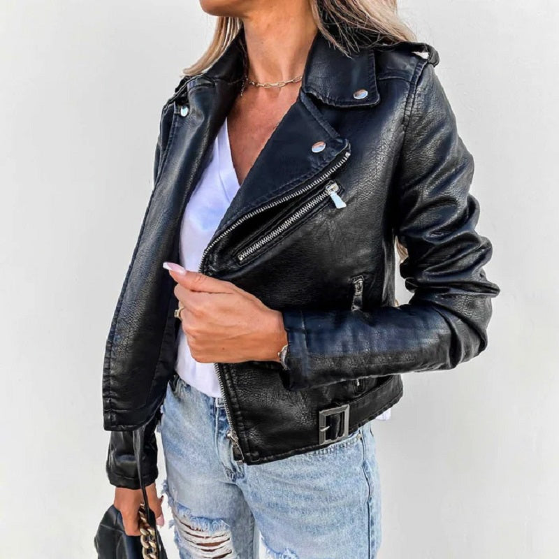 Paulina | Damska kurtka skórzana biker z kołnierzem