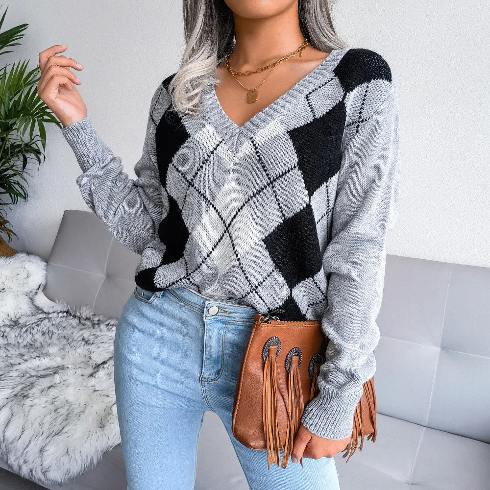 Paulina | Sweter damski z dekoltem w serek argyle