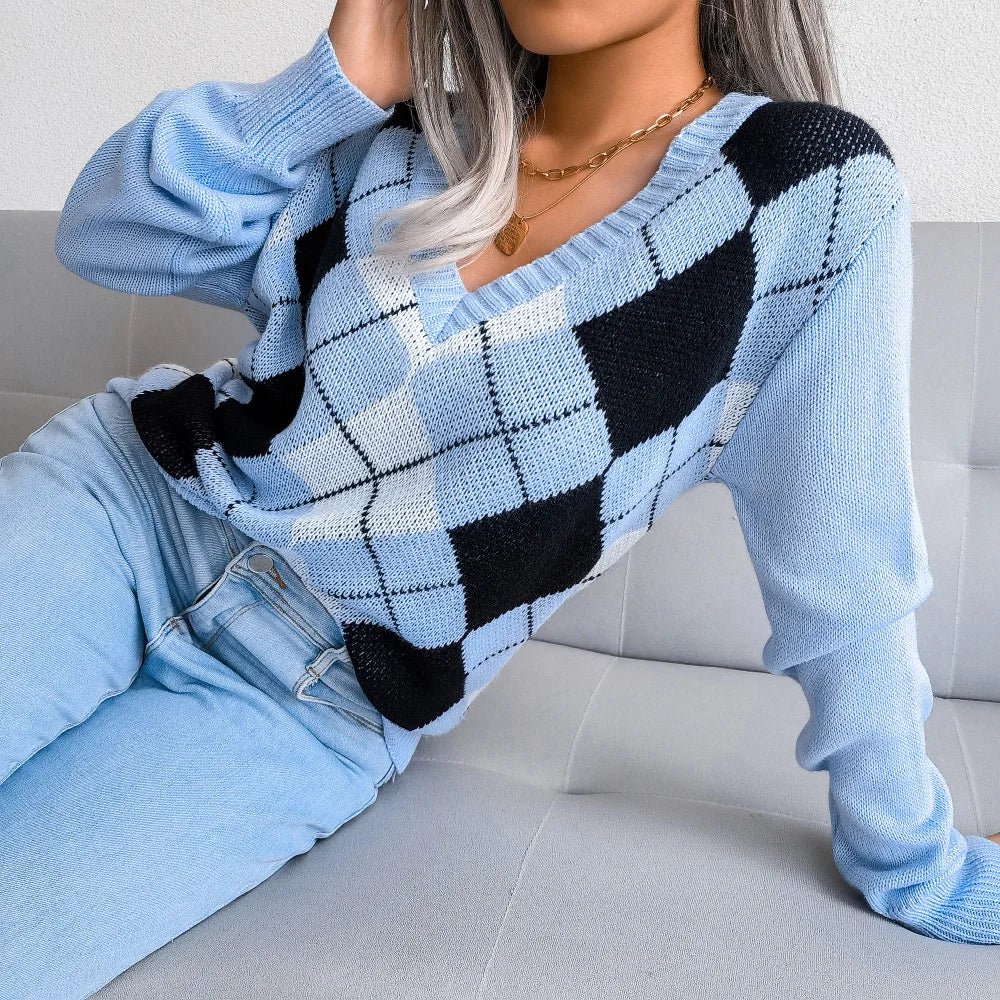 Paulina | Sweter damski z dekoltem w serek argyle