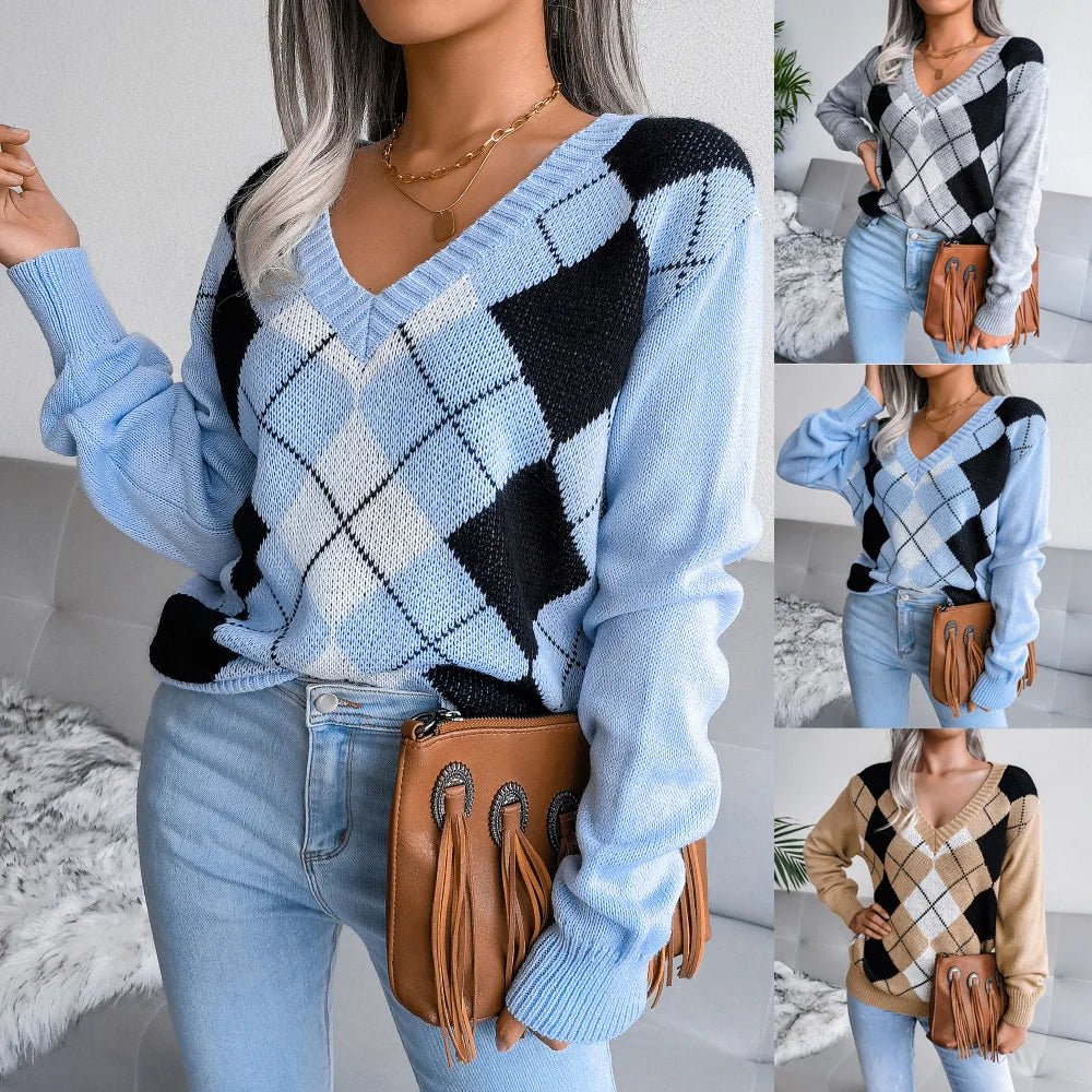 Paulina | Sweter damski z dekoltem w serek argyle