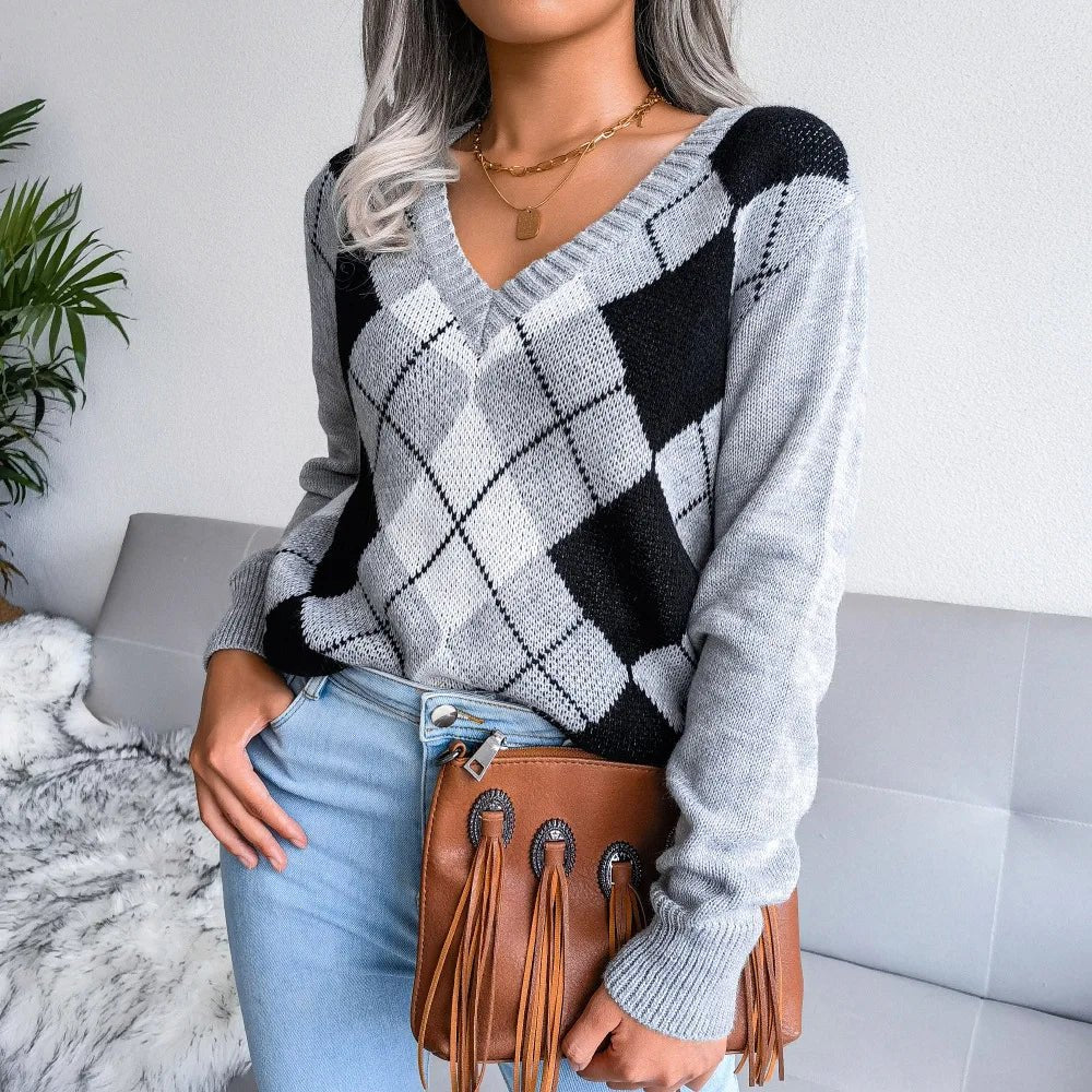 Paulina | Sweter damski z dekoltem w serek argyle