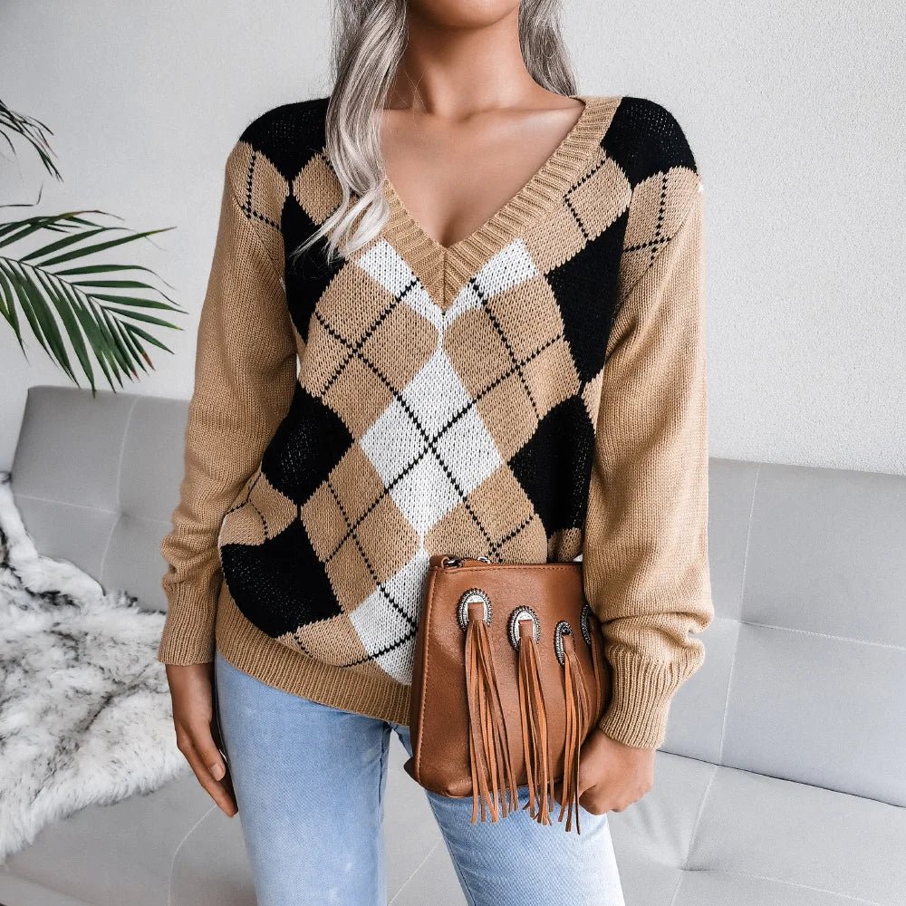 Paulina | Sweter damski z dekoltem w serek argyle