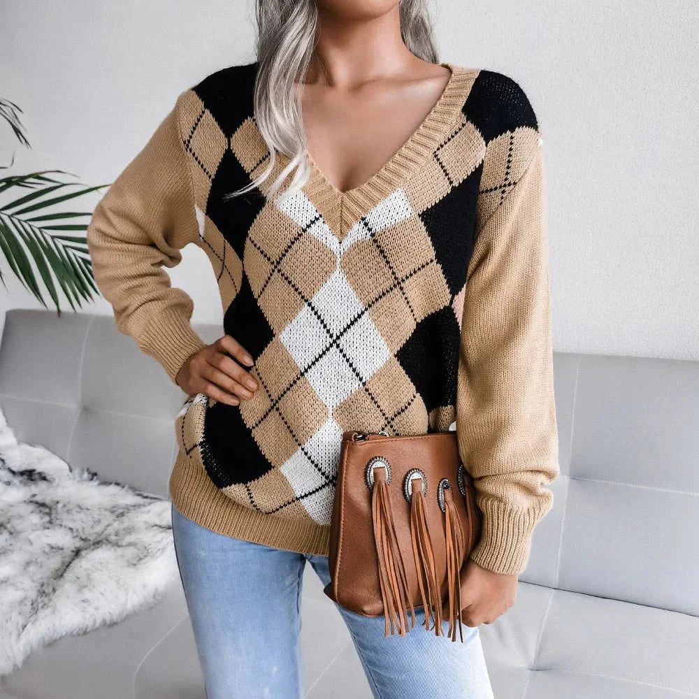 Paulina | Sweter damski z dekoltem w serek argyle