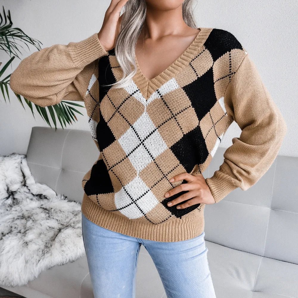 Paulina | Sweter damski z dekoltem w serek argyle