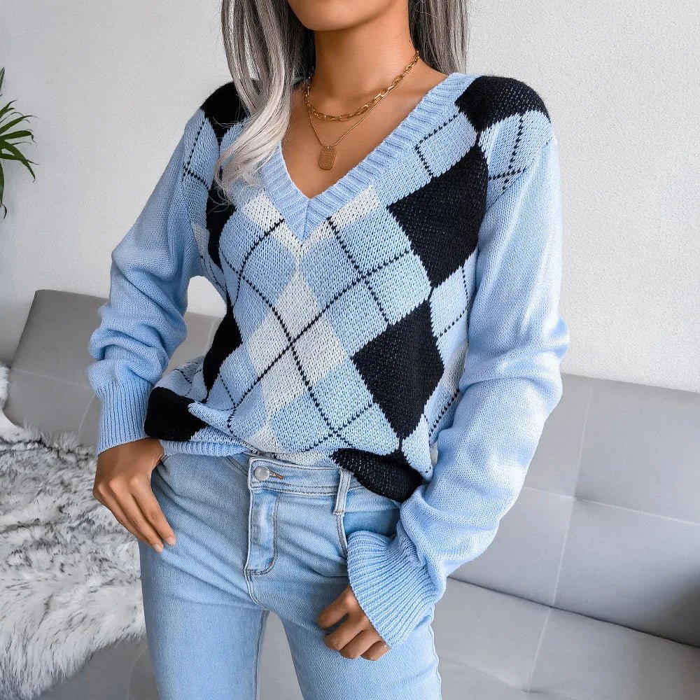 Paulina | Sweter damski z dekoltem w serek argyle