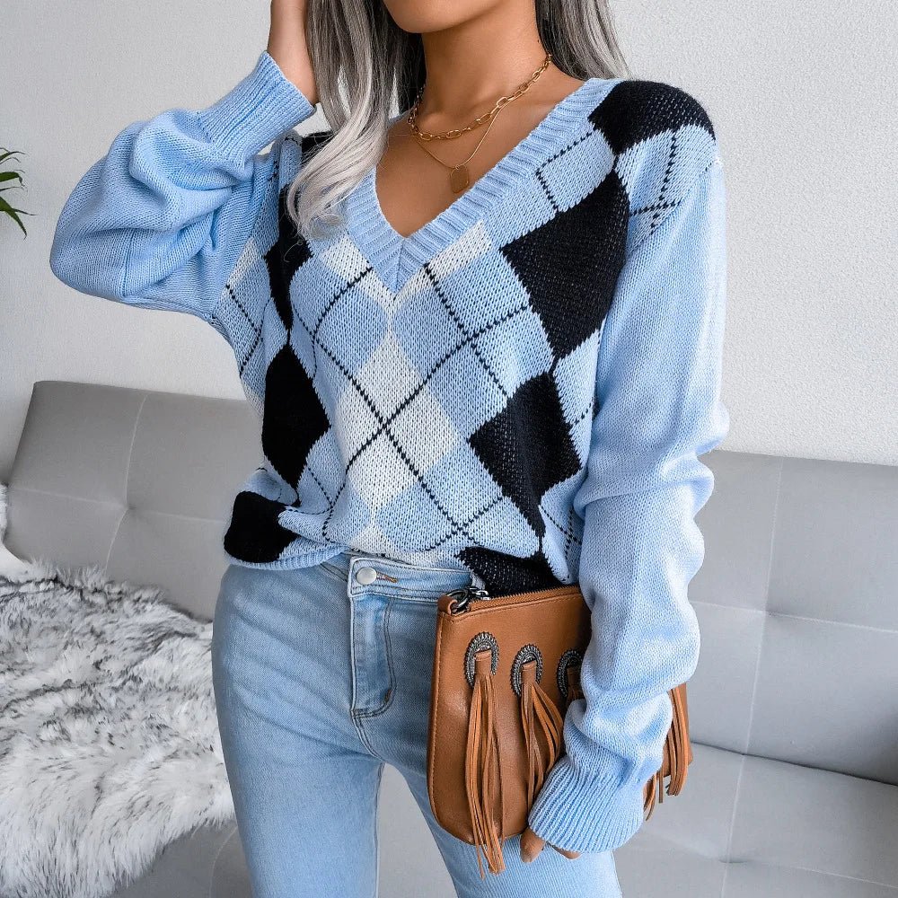 Paulina | Sweter damski z dekoltem w serek argyle