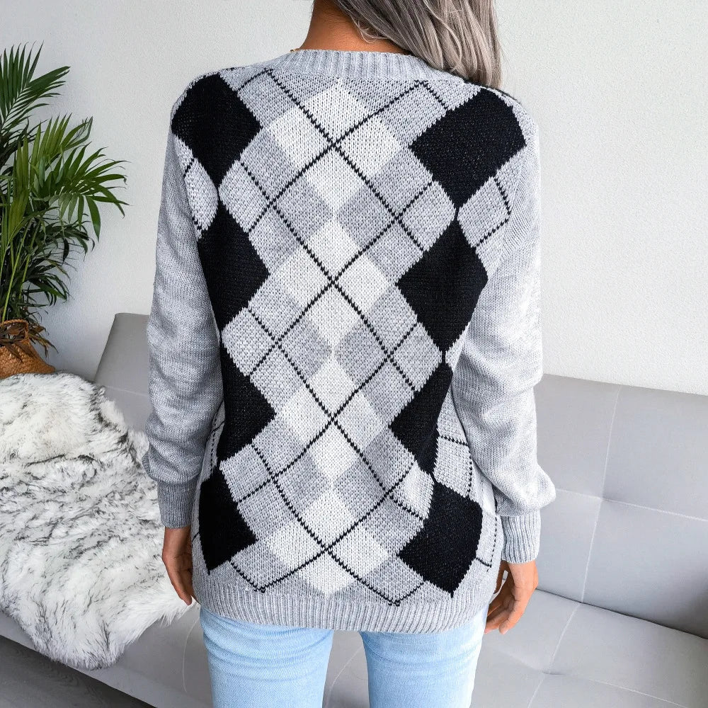 Paulina | Sweter damski z dekoltem w serek argyle